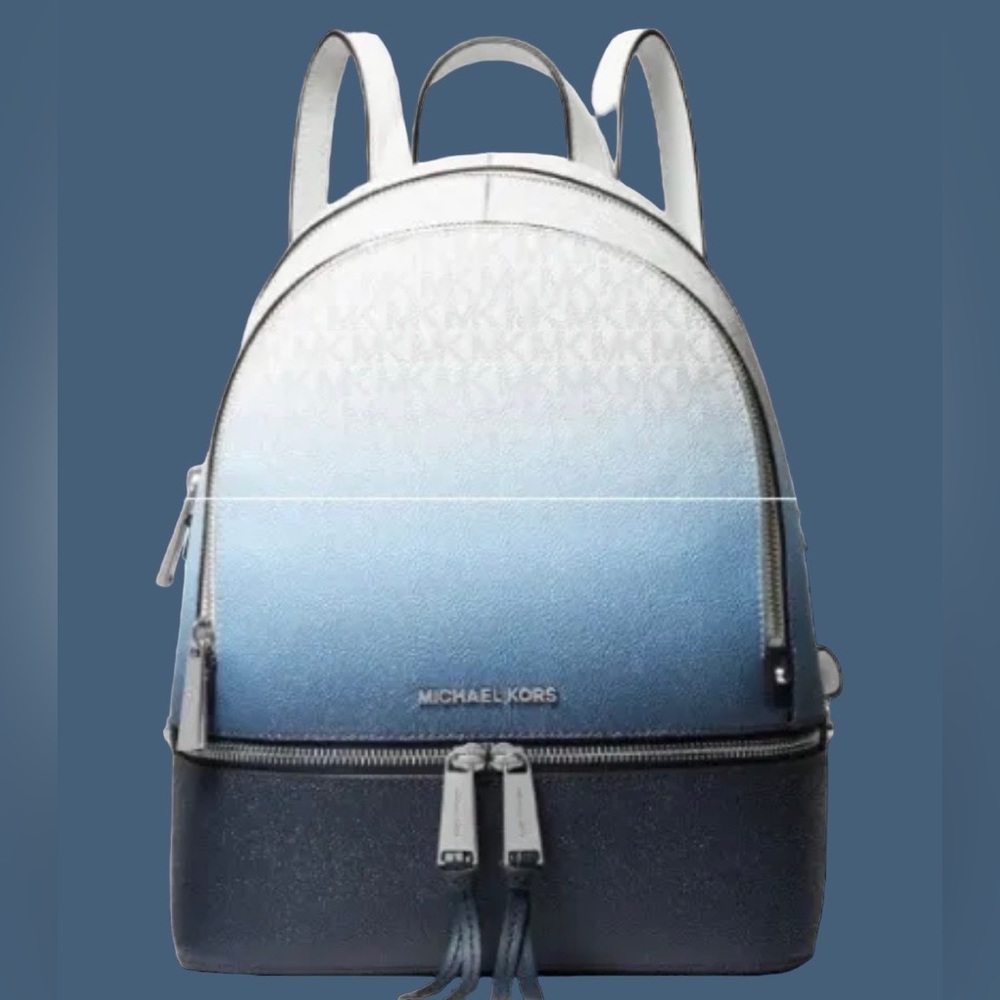 New MICHAEL KORS RHEA ZIP MK SIGNATURE MEDIUM CHMBRY/NAVY BACKPACK